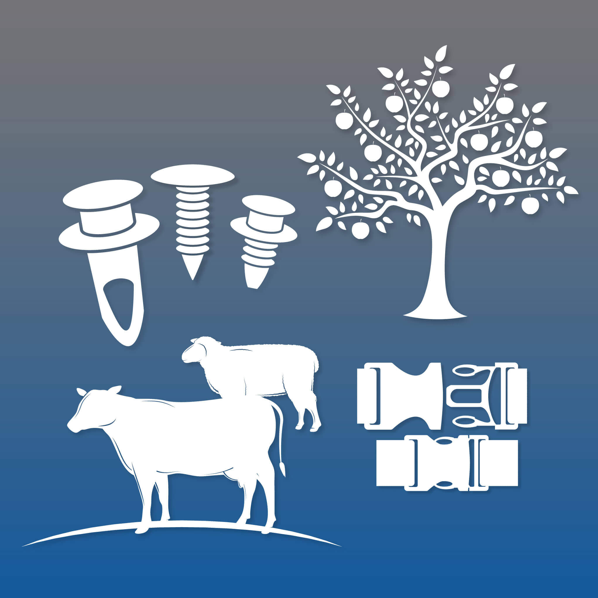 clips, grommets, fruit trees and cows icons